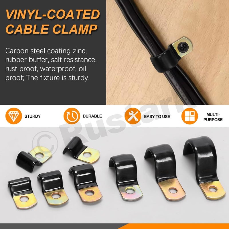 Rustark 40Pcs 7 Sizes Vinyl Coated Half Cable Clamps Assortment Kit with Screws Nuts Galvanized Wire Clamps Zinc Cable Clamp Cushioned Insulated Clamp for Wiring Tubes Cord Installation - Image 3